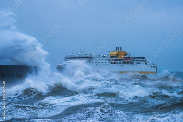 Fototapeta Storm Force. Ship struggling to make the safety of the harbour. Newhaven East Sussex, UK