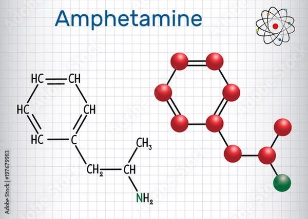 Fototapeta Amfetamine (amphetamine, C9H13N) molecule, is a potent central nervous system stimulant. Structural chemical formula and molecule model. Sheet of paper in a cage.