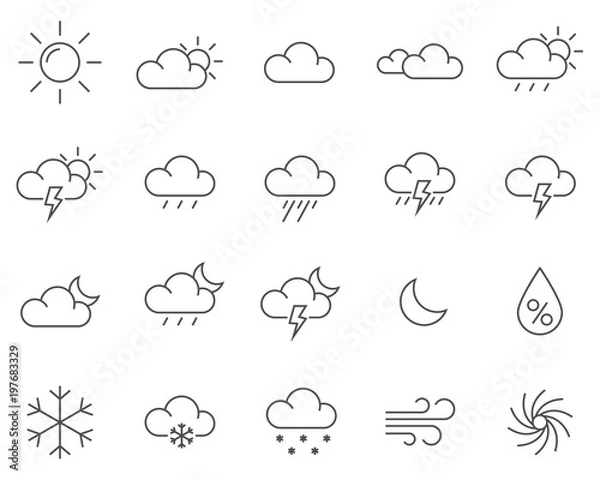 Fototapeta Set of Weather line vector icons. Meteorology symbols. Outline stile.