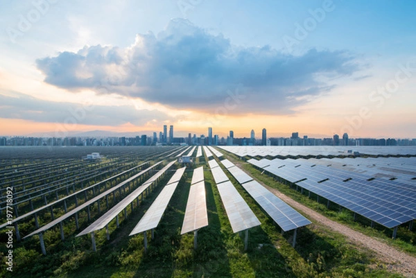 Obraz solar panels with cityscape of singapore