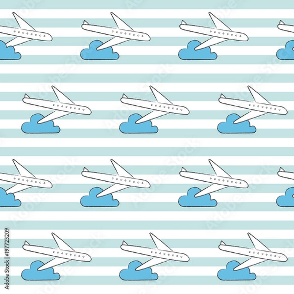 Obraz Airplane pattern with stripe background. Playful, cute, and flexible doodle pattern for brand who has fun style. The art vector graphic can be repeated. Doodle art suits for kids and traveling theme.