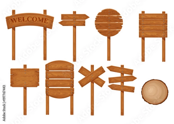 Fototapeta Vector set of wooden signboards road board. Banner template with wood texture