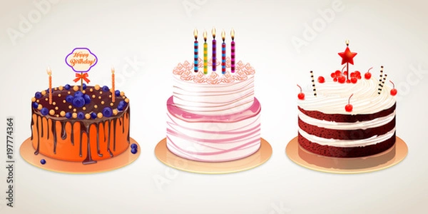 Fototapeta Vector set of different delicious cakes isolated on white background. Birthday cakes with cream chocolate berries and candle for holiday design.