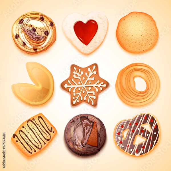Fototapeta Vector realistic set of different shape cookies isolated on white background. Food icons chocolate shortbread cookie with jam for breakfast.