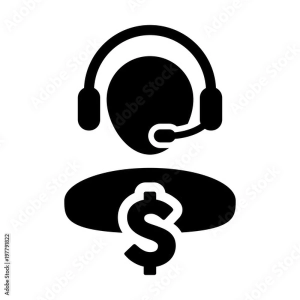Fototapeta Service Icon Vector Dollar Sign for Banking and Financial Online Support Male Person Profile Avatar for Customer Helpline with Headset in Glyph Pictogram Symbol illustration