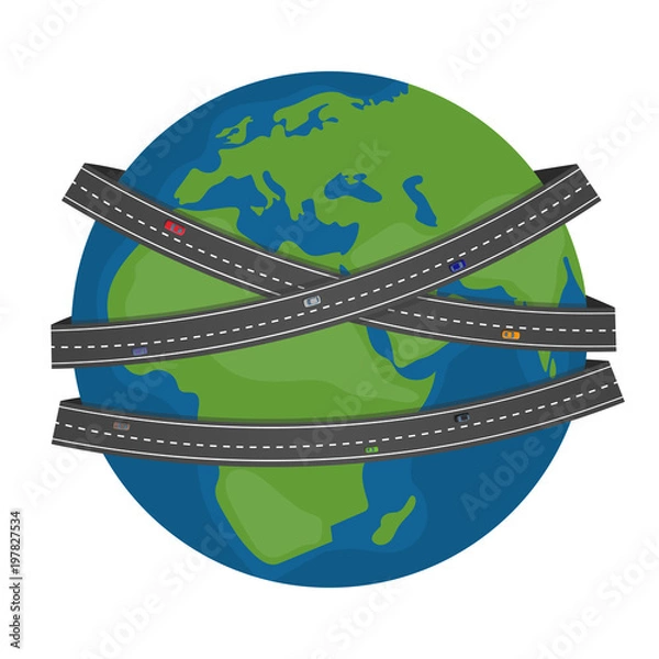 Fototapeta Earth (world planet) surrounded by roads with cars isolated on white background.