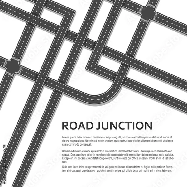 Fototapeta Complex road junction with place for text on white background. Top view.