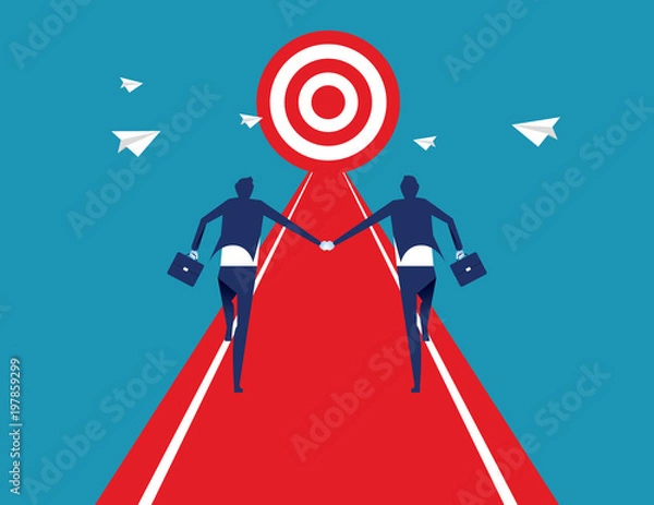 Fototapeta Business team people handshake and running to success target. Concept business vector illustration.