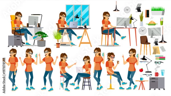 Fototapeta Business Woman Character Vector. In Action. IT Startup Business Company. Environment Process. Planning. Cartoon Illustration