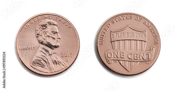 Fototapeta american one cent, USA 1 c, bronze coin isolate on white background. Abraham Lincoln on copper coin realistic photo image - both sides