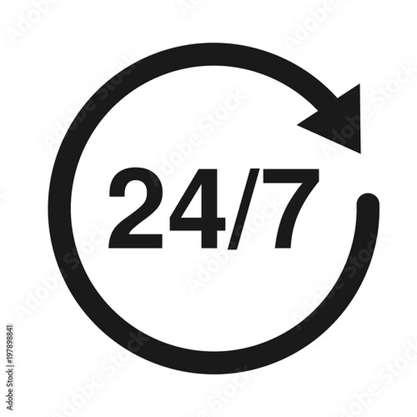 Fototapeta Serwis 24/7 czynny 24h na dobę 7 dni w tygodniu. Płaskie izolowane ilustracji wektorowych w kolorze czarnym na białym tle.