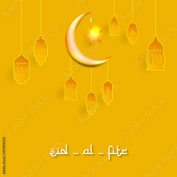 Fototapeta Eid-Al-Fitr greeting card with islamic crescent moon 3D and mosque paper.