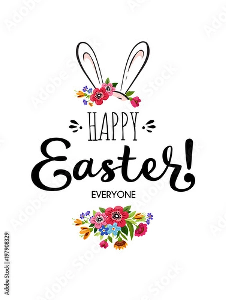 Fototapeta Happy Easter card with lettering , flowers and rabbit