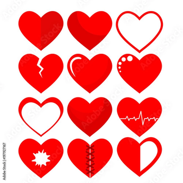 Fototapeta Set of red hearts symbol on white, stock vector illustration