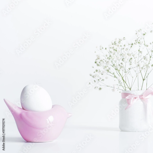Obraz White Egg in Pink Bird Shape Stand.Easter Composition