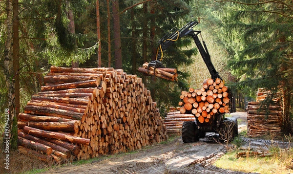 Fototapeta Drwal z nowoczesnym kombajnem pracującym w lesie. Drewno jako źródło energii odnawialnej.