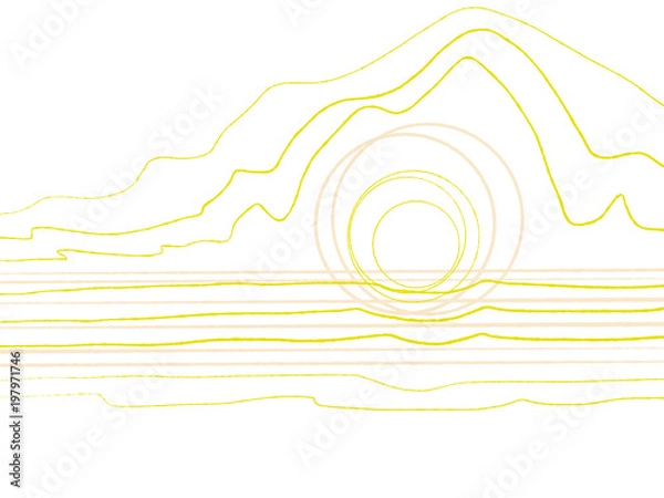 Fototapeta Colorful hand drawn bright abstract view sun, mountain and sea waves on white background, isolated illustration of landscape painted by pencil pastel chalk on canvas in yellow color, high quality