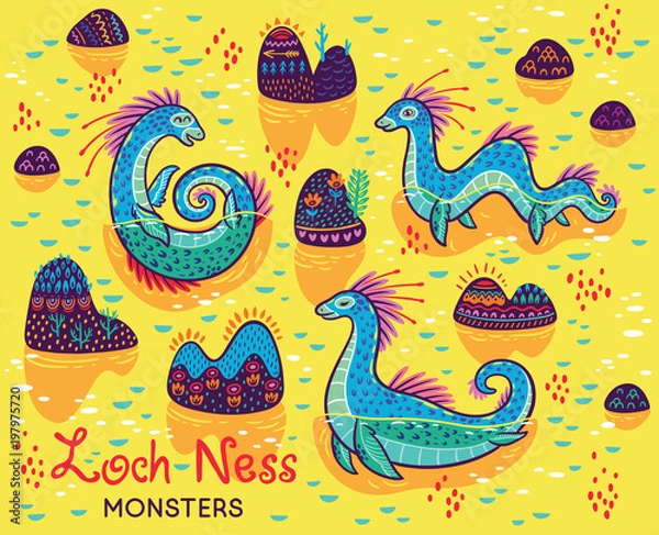 Fototapeta Cartoon Loch Ness Monsters and decorative hills in the lake. Vector children collection