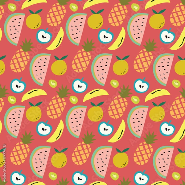 Obraz Pink background with fruits pattern of watermelon, pineapple, banana, apple, and kiwi. A playful, modern, and flexible pattern for brand who has cute and fun style. Repeated pattern.