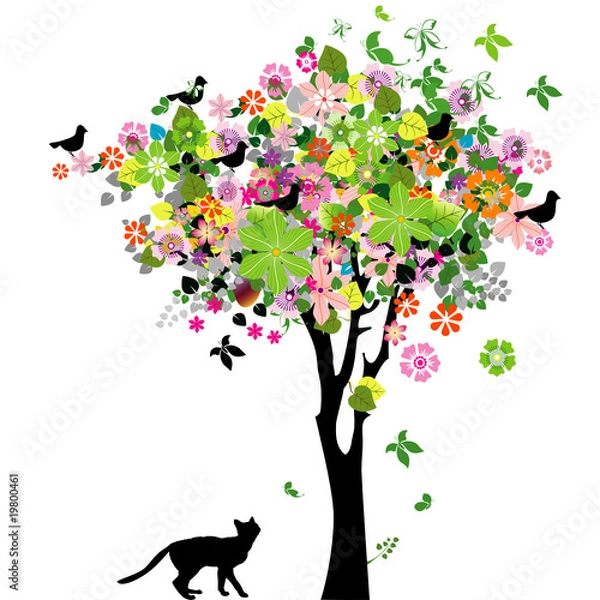 Obraz Flowers tree and cat