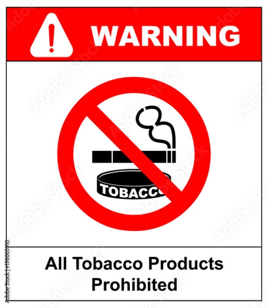 Obraz All Tobacco Products Prohibited Icon. No Smoking Sign. Vector illustration isolated on white background. Warning Forbidden Symbol, Black pictogram in red circle