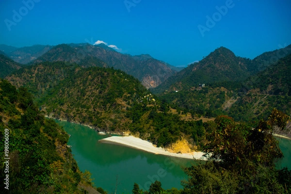 Fototapeta Beautiful mountain with river and sky green tree with cloud