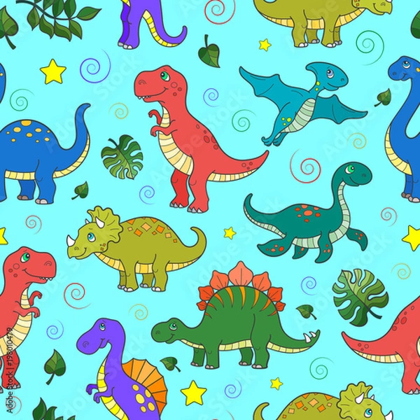 Fototapeta Seamless pattern with colorful dinosaurs and leaves, animals on blue background