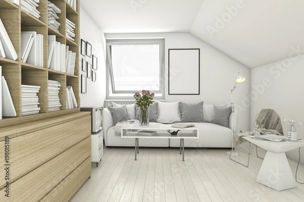 Fototapeta 3d rendering mock up frame in living room library