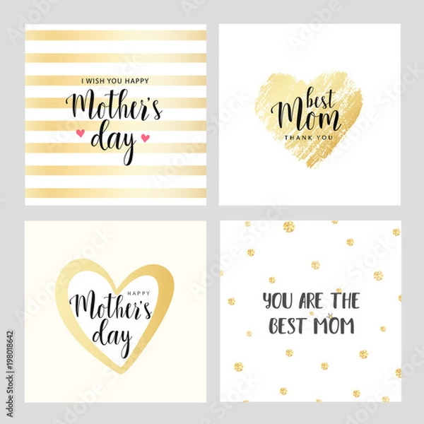 Obraz Vector set of square cards for Mother's day. Gold contour heart with little hearts. Vector illustration. Vector card, badge for Mother's day. Love Mom concept. Happy Mother's day. 