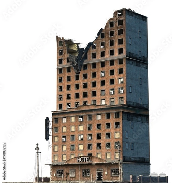 Fototapeta Ruined Building Isolated On White 3D Illustration