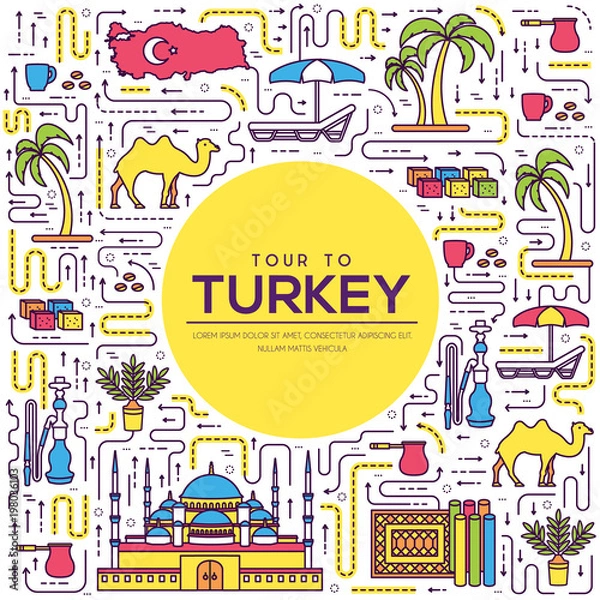 Fototapeta Country Turkey travel vacation guide of goods, place and feature. Set of architecture, fashion, people, item, nature background concept. Infographic traditional ethnic flat, outline, thin line icon