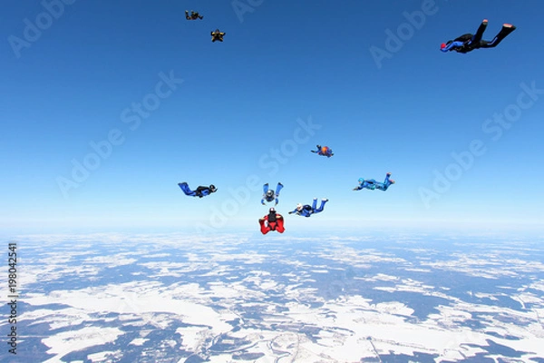 Fototapeta Formation skydiving. Skydivers have just jumped out of a plane.