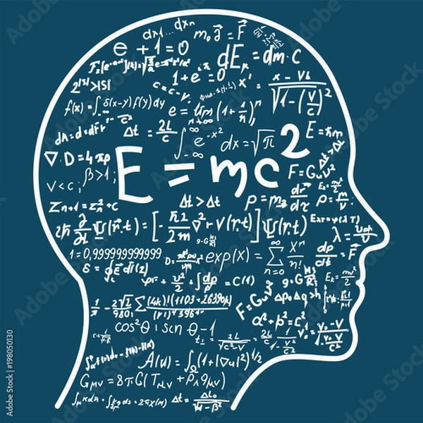 Fototapeta Scientific thinking. Outline of head filling math and physics formulas. Can illustrate topics related to science.