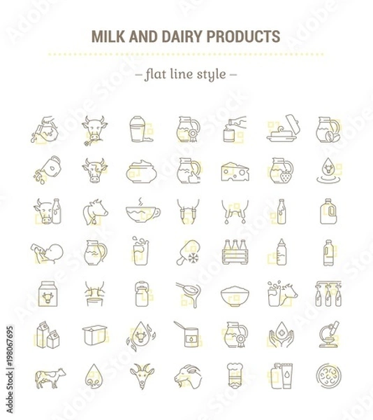 Fototapeta Vector graphic set. Icons in flat, contour,thin, minimal and linear design. Natural dairy production. Healthy nutrition. Simple isolated icons. Concept illustration for Web site app. Sign, element.