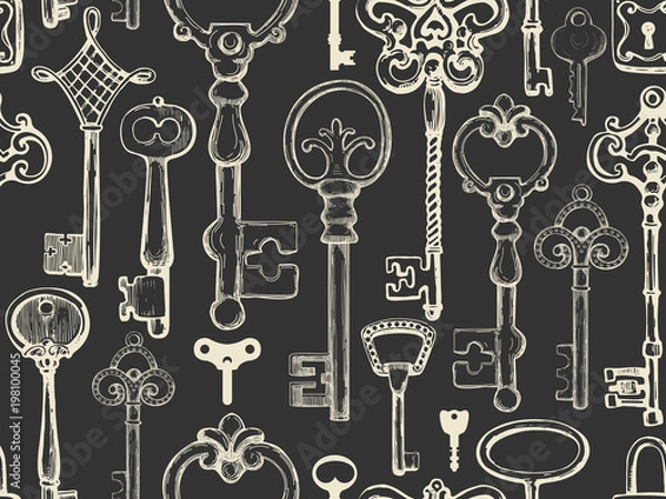 Fototapeta Seamless pattern. Vector set of hand-drawn antique keys. Illustration in sketch style on black background. Old design.