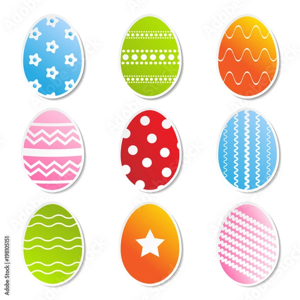 Obraz Flat design easter eggs with custom pattern and shadow isolated on white background. Abstract easter egg collection.