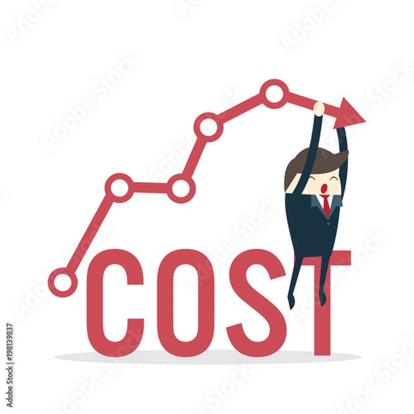 Fototapeta Cost reduction concept. Cost down. Businessman with his hand lowers the arrow of the graph. Vector illustration flat design. Decrease down profit. Declining chart.