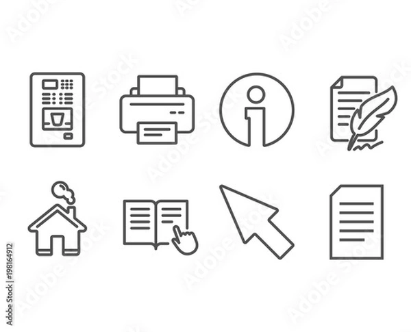 Fototapeta Set of Feather signature, Mouse cursor and Read instruction icons. Printer, Coffee vending and Document signs. Feedback, Click arrow, Opened book. Vector