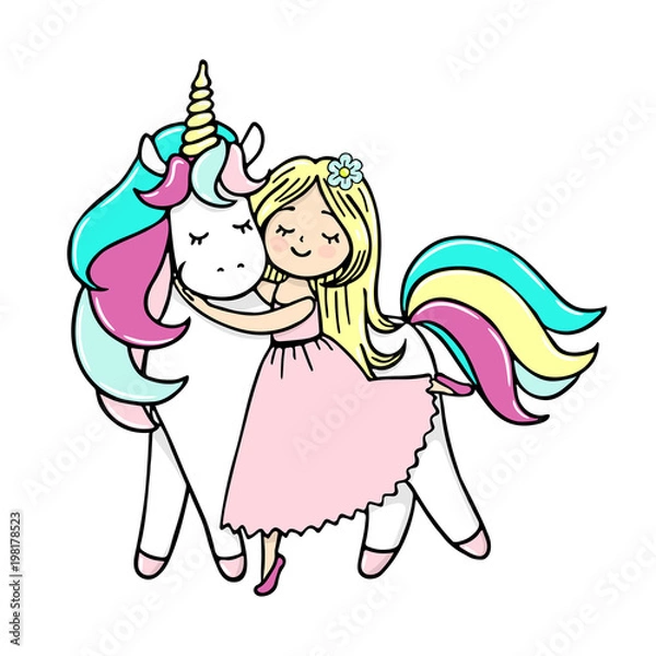 Obraz Hand drawn illustration of a magic unicorn with a girl. Vector isolated illustration