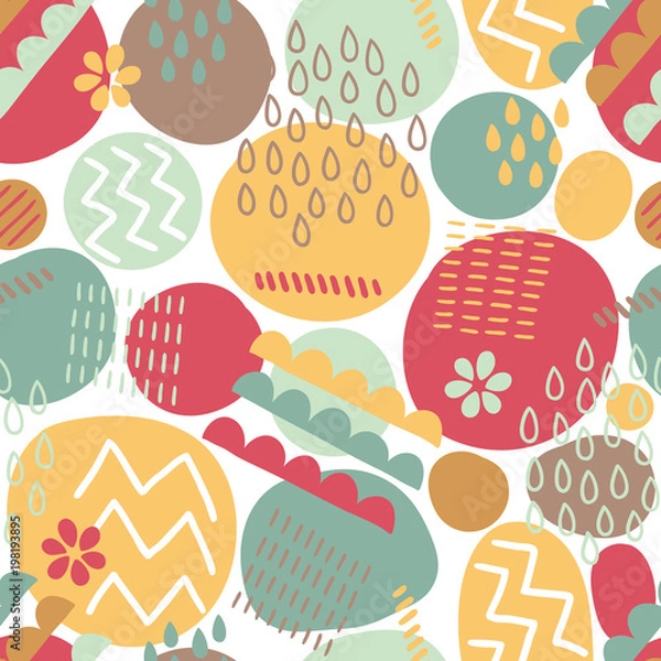 Fototapeta Seamless pattern with circle, zig zag, flower, drops, stripes