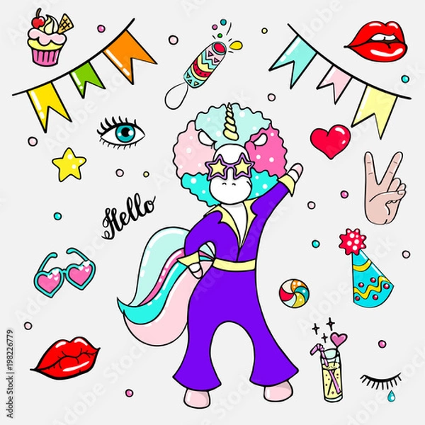 Obraz Set of hand drawn illustrations of a dancing unicorn and different party attributes