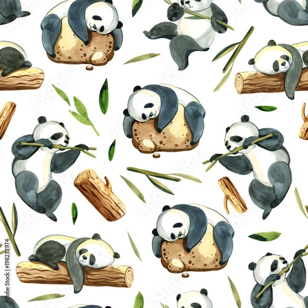 Fototapeta Watercolor seamless pattern of different panda and leaves