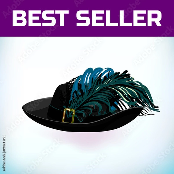 Fototapeta Headdress musketeer France or pirate old hat with feather, made of felt or leather with an iron buckle. Vector illustration. Hat for a masquerade, or historical attribute of a costume.