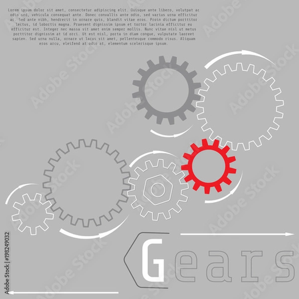 Fototapeta Gray gear wheels with red gear symbolizing idea or solution. Infographic vector template.
