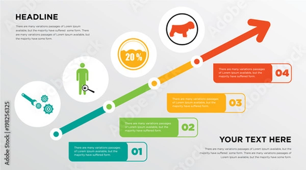Fototapeta implement, inflammation, bulldog growing horizontal presentation design template in green, red and yellow, grow up business infographics with icons