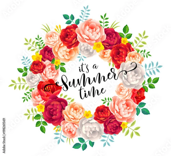 Fototapeta It's a Summer time vector calligraphic lettering in bright summer flowers wreath on white background
