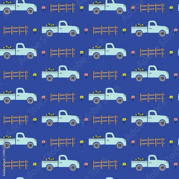 Obraz Blue farm truck car seamless pattern. A playful, modern, and flexible pattern for brand who has cute and fun style. Repeated pattern. Happy and bright mood.