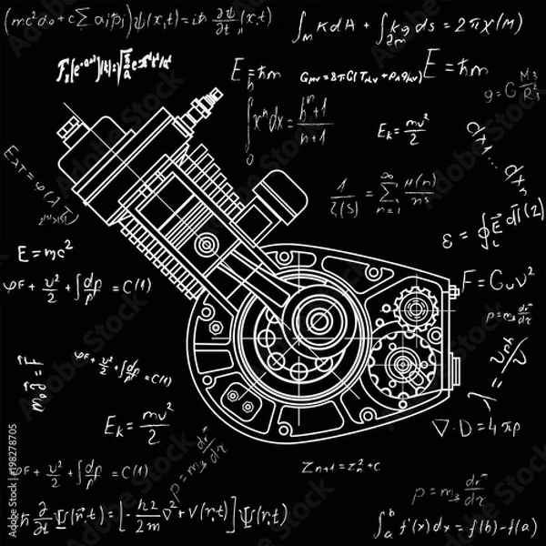 Obraz Motocycle engine design isolated in black background. It can be used as an illustration for the high-tech, systems and mechanisms, motors, development of engineering and research.