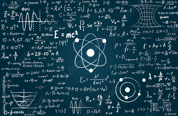 Fototapeta Blackboard inscribed with scientific formulas and calculations in physics and mathematics. Can illustrate scientific topics tied to quantum mechanics, relativity theory and any scientific calculations