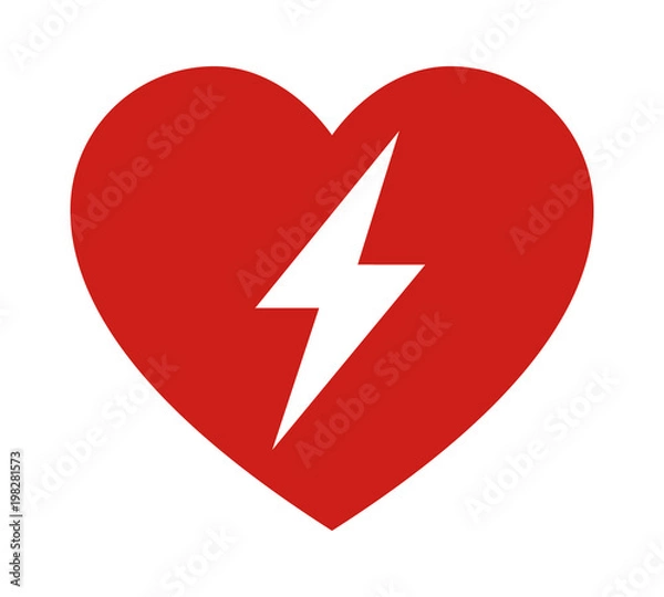 Fototapeta Red automated external defibrillator / aed sign with heart and electricity symbol flat vector icon